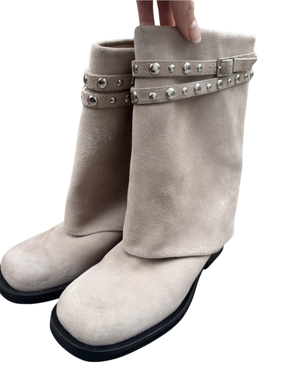 Free People Cream Suede Studded Lace-Up Boots